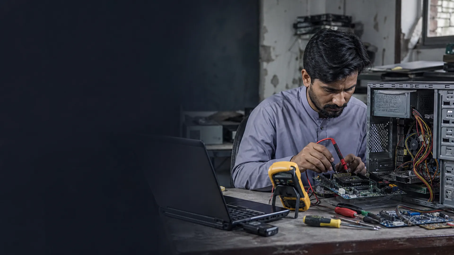 Computer technician diagnosing desktop hardware