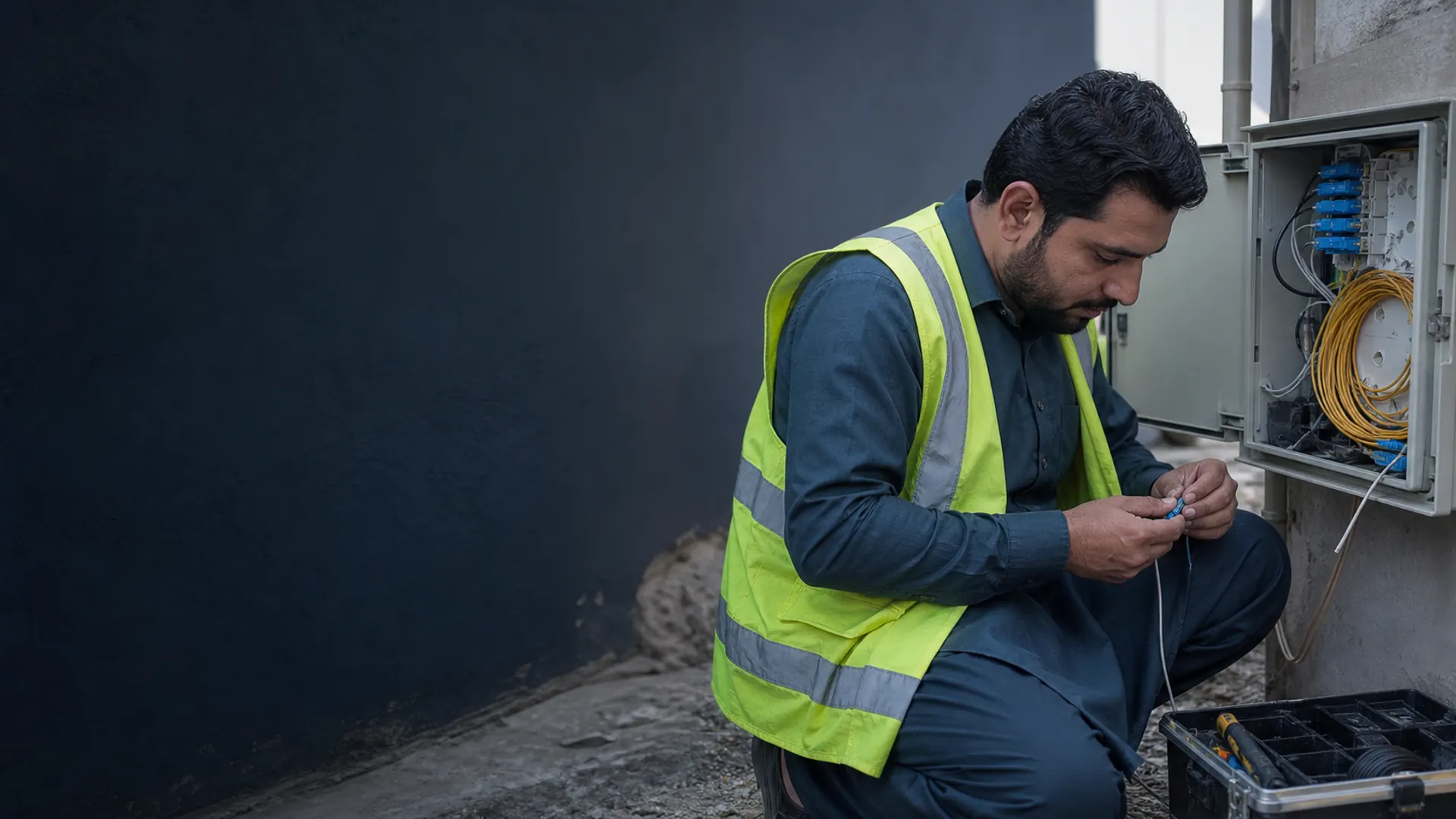 Fiber technician working on an optical network connection