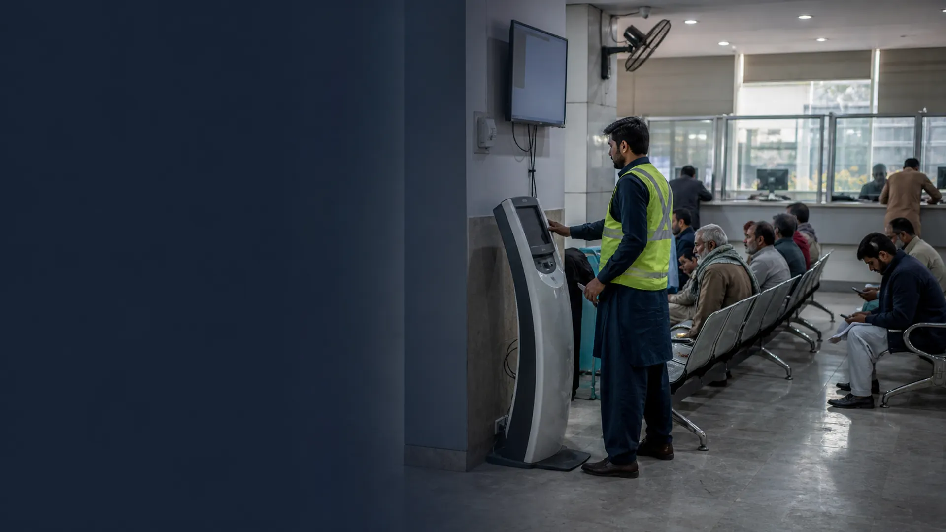 Queue-management system being checked in a customer waiting area