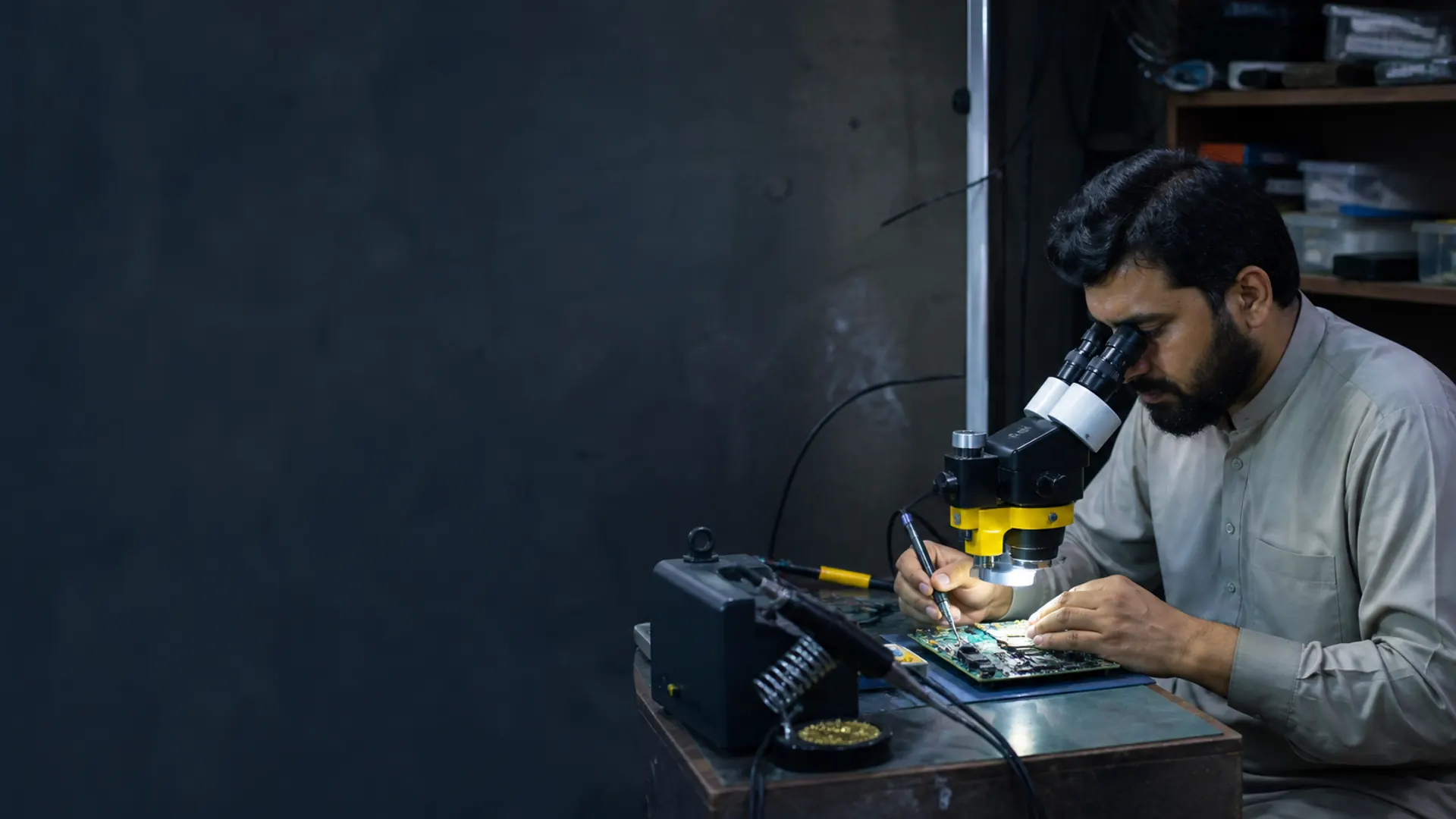 Electronics specialist carrying out board-level repair