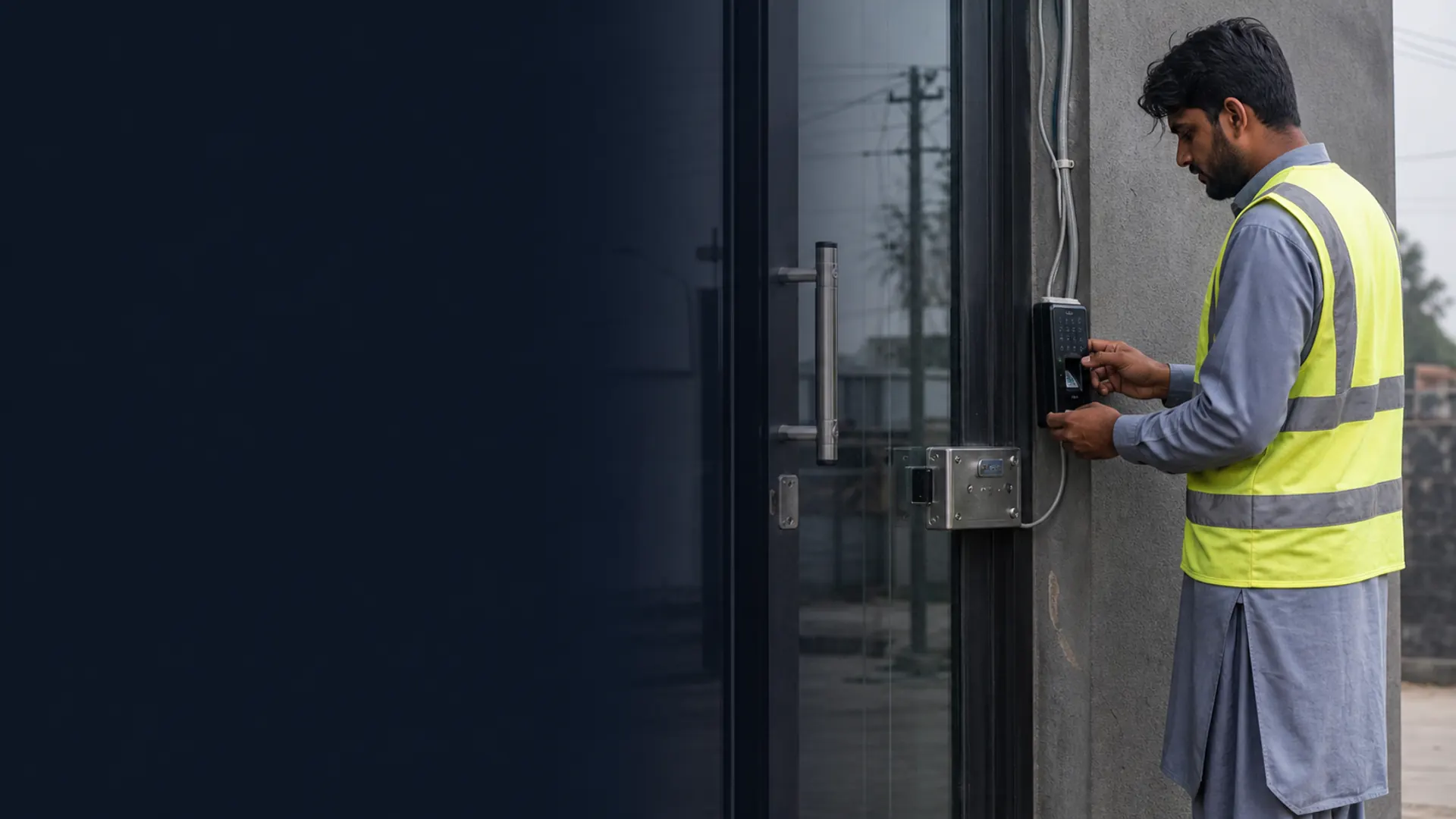 Technician configuring a commercial access-control reader