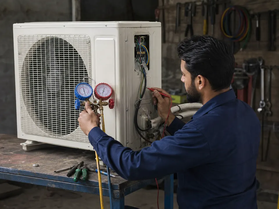 Technician testing a reconditioned air conditioner outdoor unit