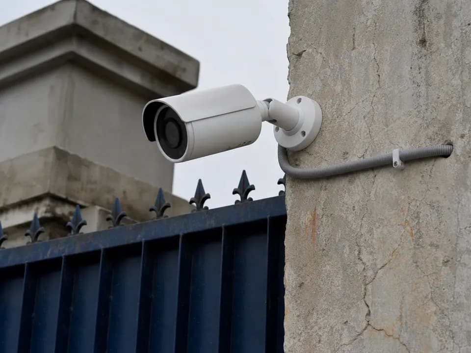 Bullet CCTV camera mounted on a commercial boundary wall