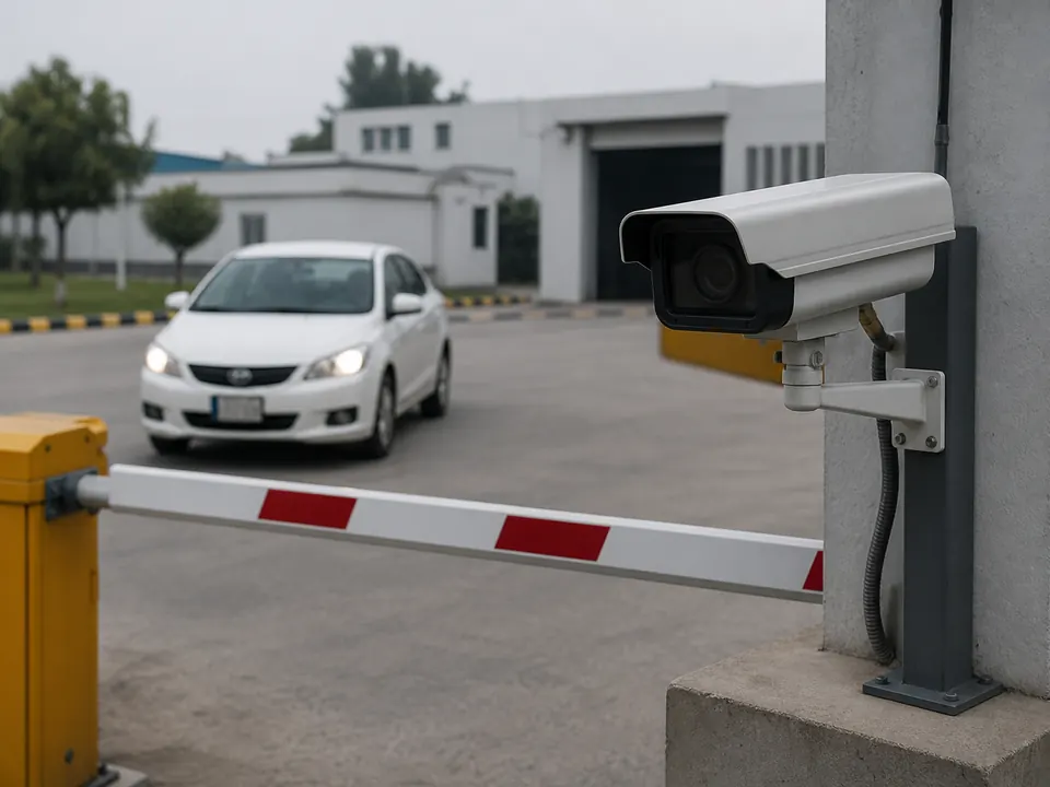 Number-plate camera monitoring a factory entrance barrier