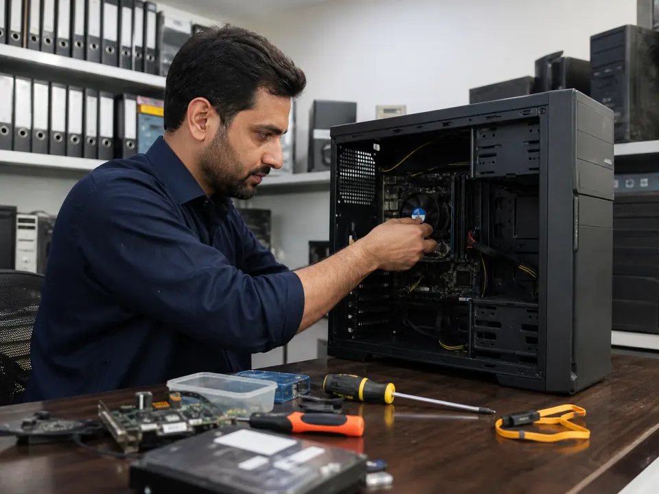 Technician assembling a professional office desktop computer