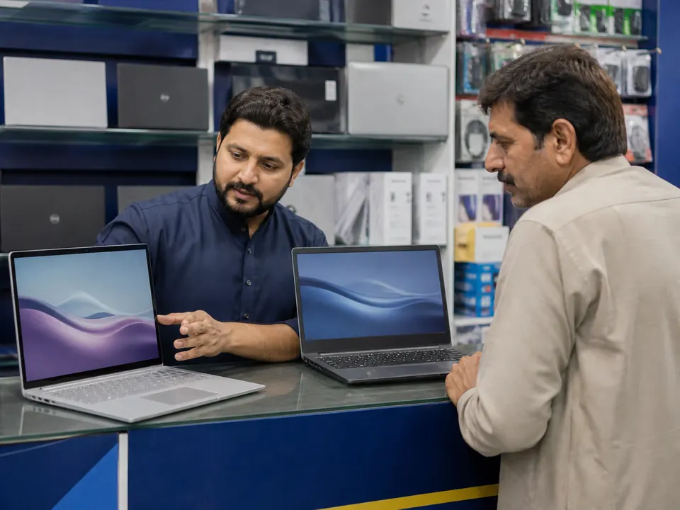 Technician helping a customer choose a business laptop
