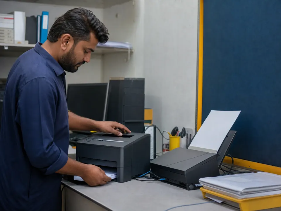 Technician setting up a laser printer and document scanner