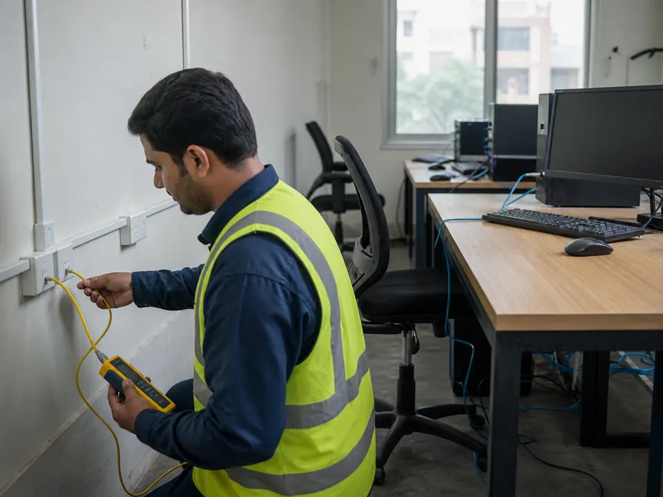Technician testing a network port beside connected office desks