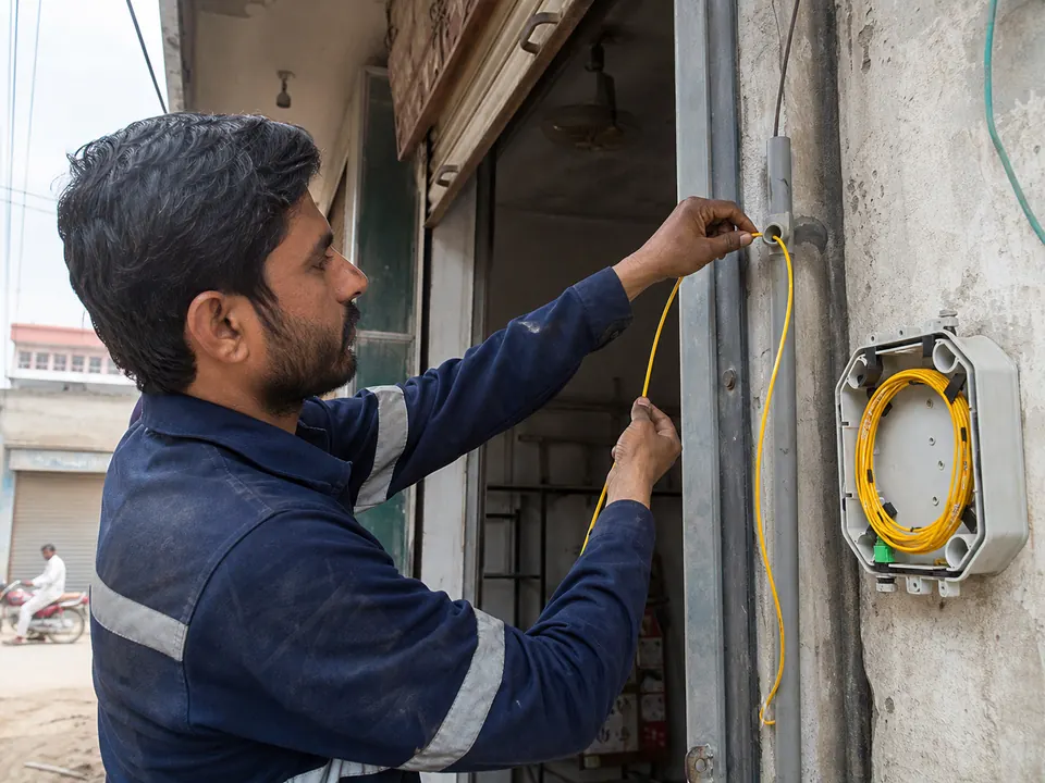 Technician routing fiber from a street enclosure into a shop