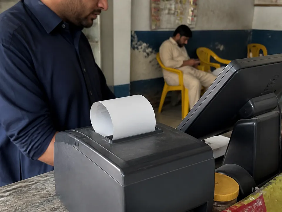 Thermal receipt printer producing a blank receipt at a till