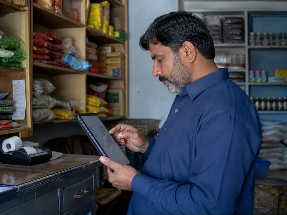 Shop owner checking inventory on a tablet beside stocked shelves