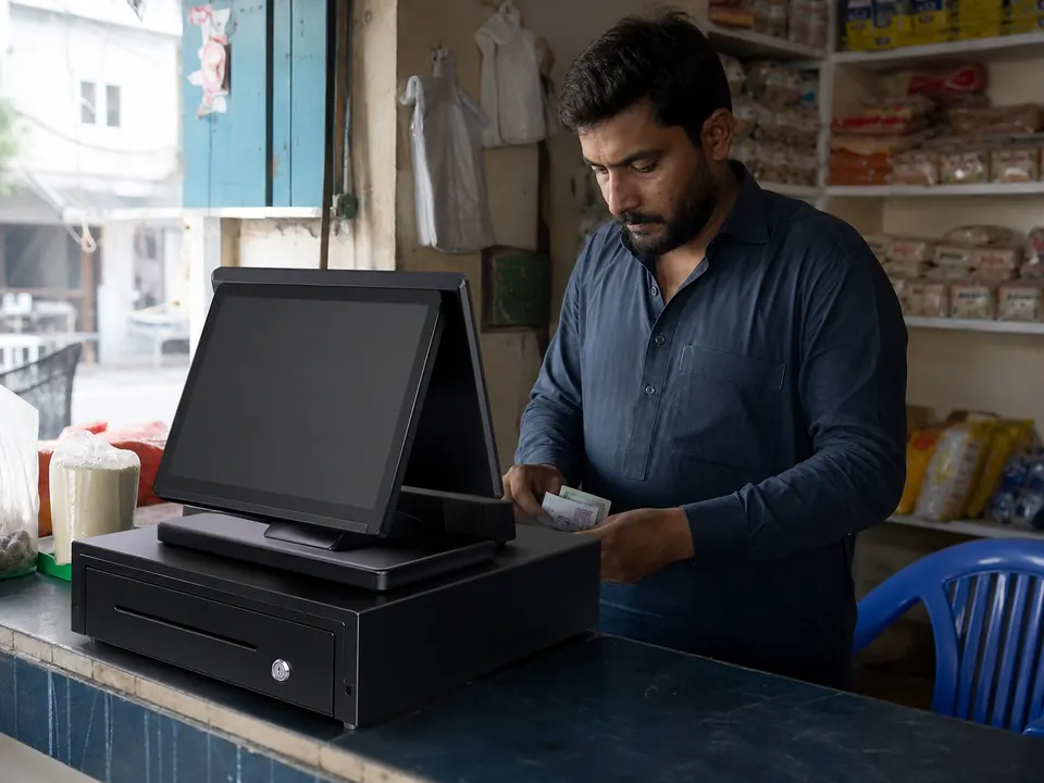 Point-of-sale terminal and cash drawer on a local shop counter