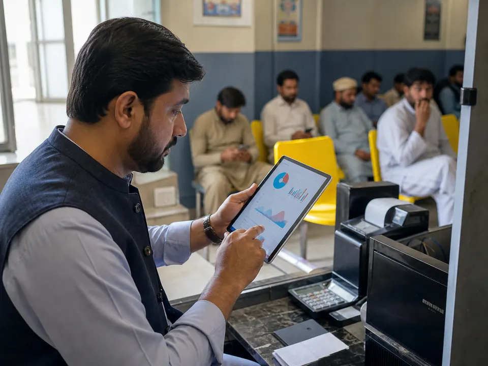 Branch manager reviewing queue analytics on a tablet