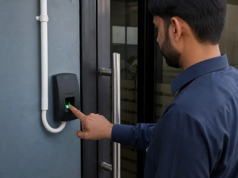 Employee using a fingerprint reader at an office entrance