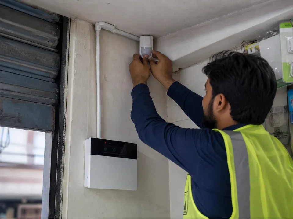 Technician installing an intruder motion detector in a shop