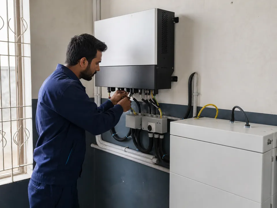 Technician connecting a hybrid inverter and battery cabinet