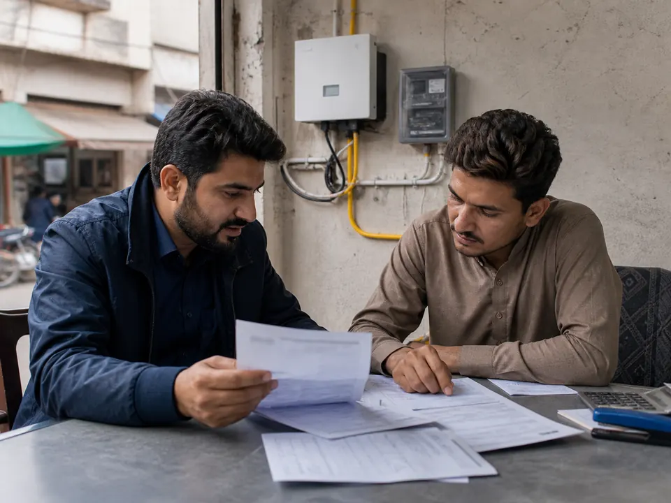 Solar consultant reviewing net-metering paperwork with a customer