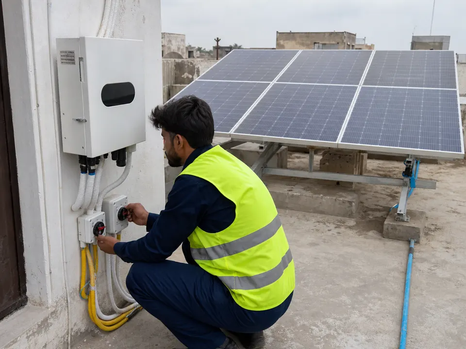 Technician inspecting an on-grid rooftop solar system