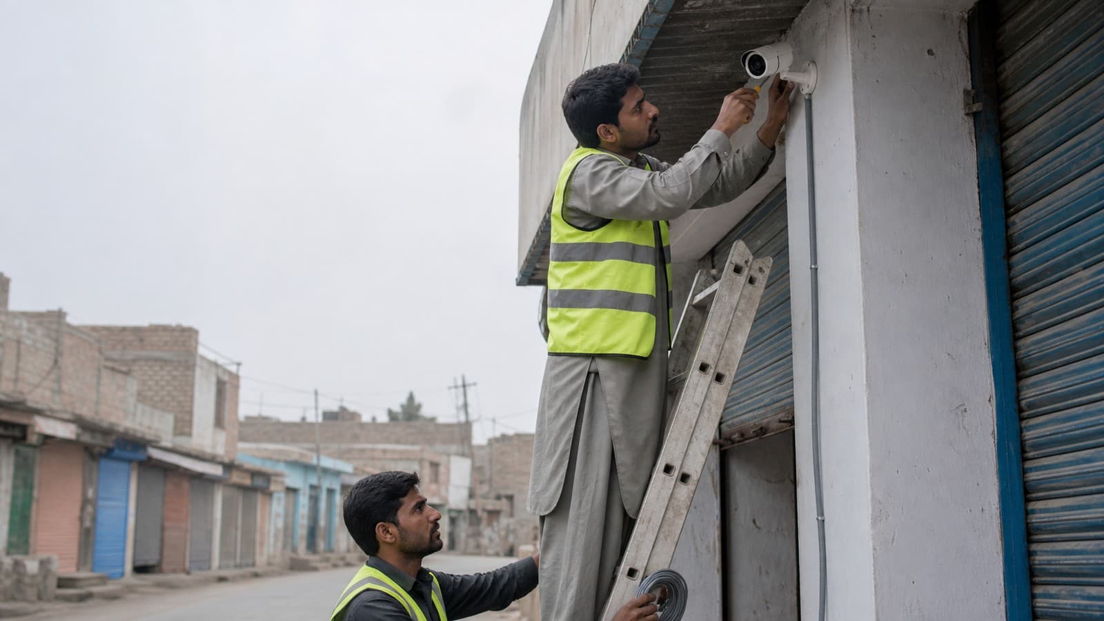 Two technicians in hi-vis vests fitting a bullet CCTV camera under the awning of a shop on a Talagang street, with the cable running down the wall in conduit