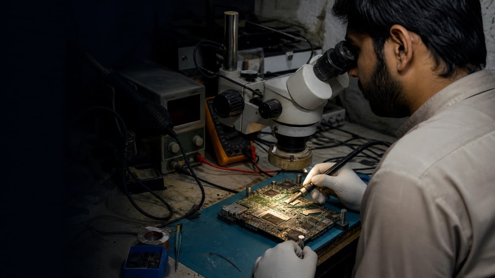 A technician repairing a laptop motherboard under a microscope at a soldering bench