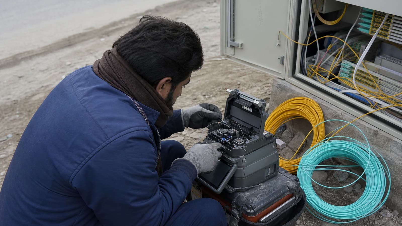 An engineer joining fiber optic cable at a roadside enclosure, with yellow and turquoise fibre coils on the ground beside him