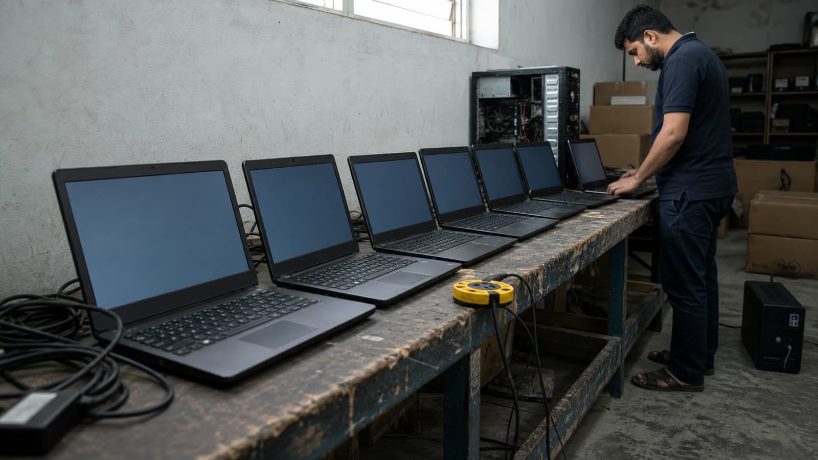 A row of laptops and a desktop computer being set up on a workbench before delivery, with boxes stacked behind