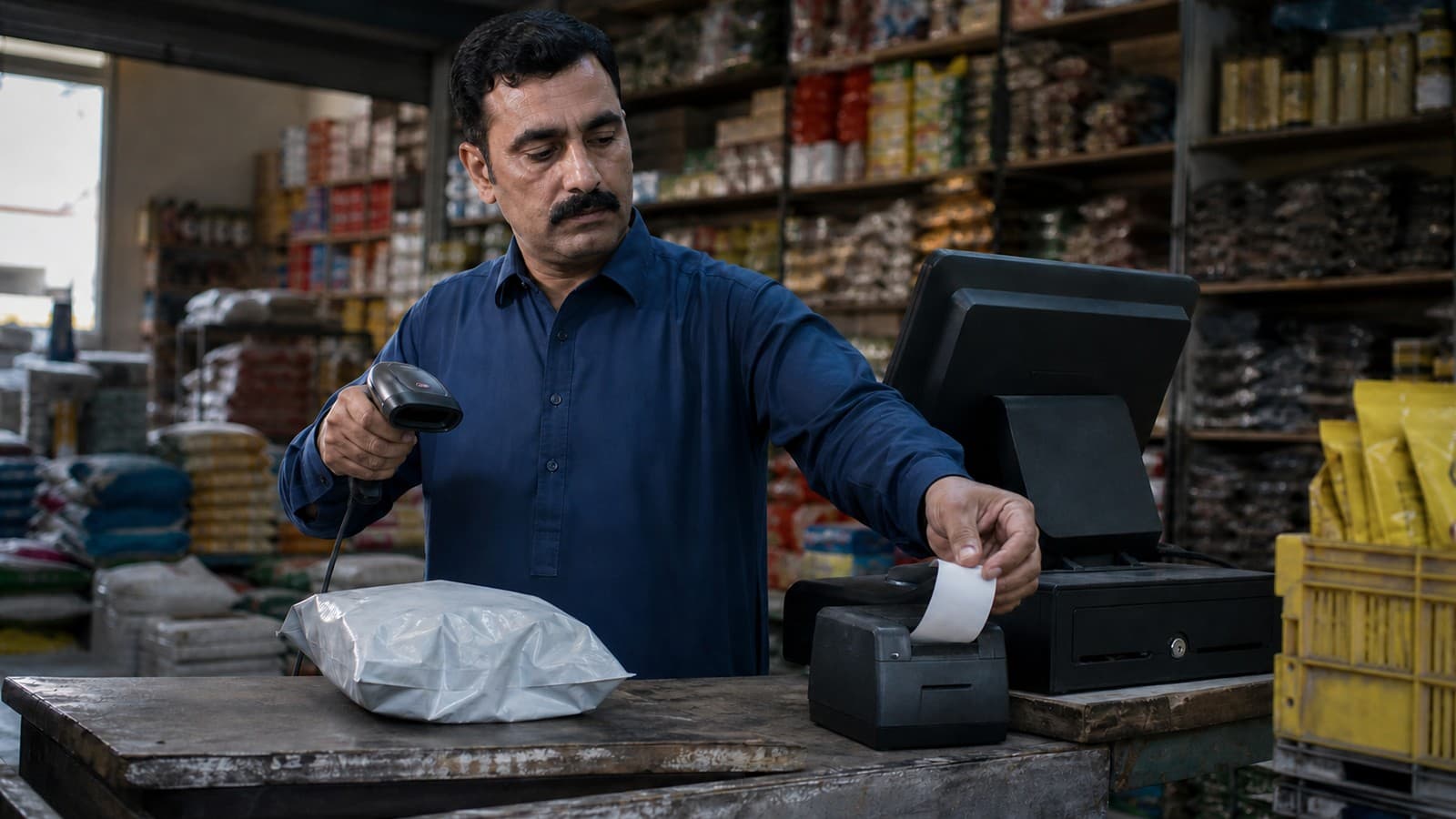 A shopkeeper ringing up a sale on a point of sale terminal, with a barcode scanner and receipt printer on the counter