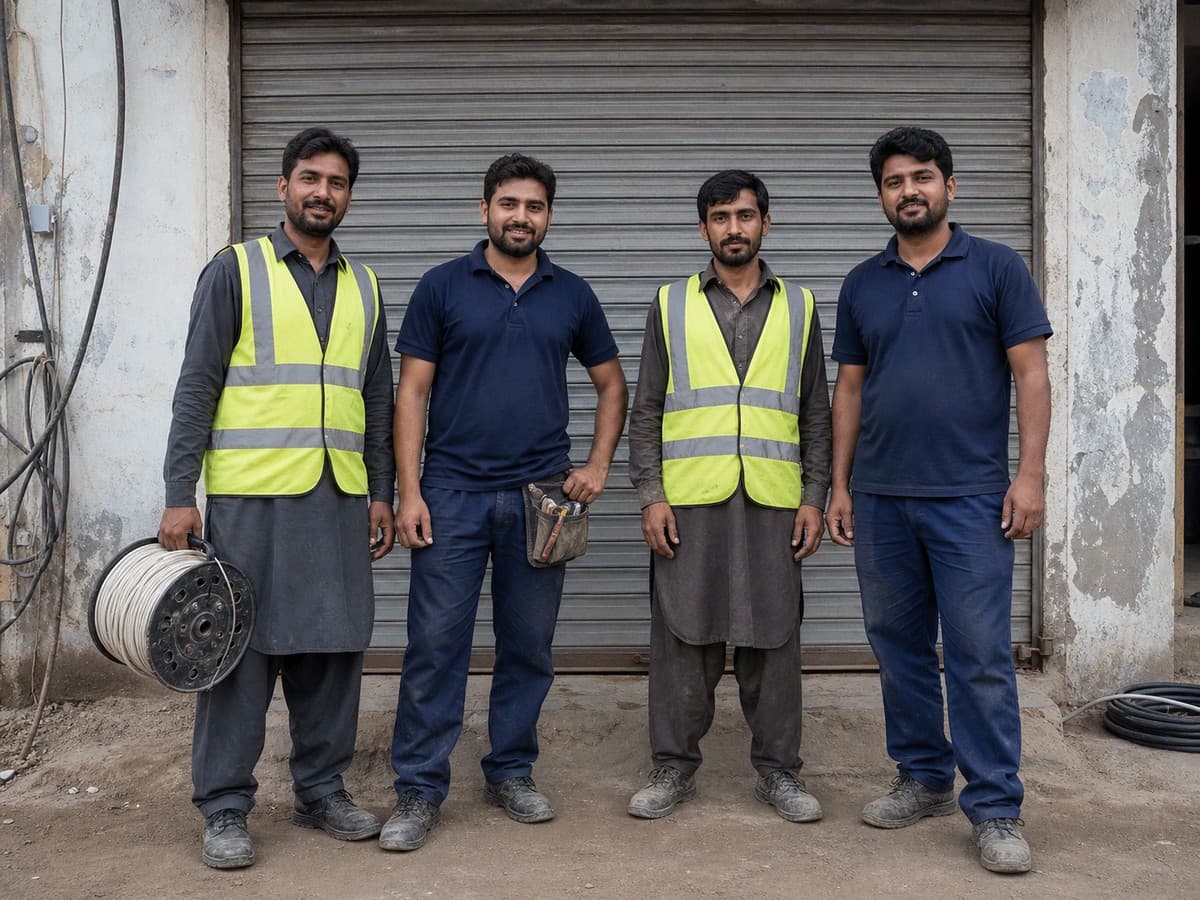 Four technicians from Talagang IT Solutions standing outside their workshop, two in hi-vis vests, one holding a cable drum
